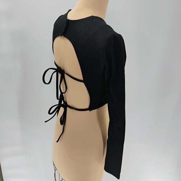 Womens Cropped Blouse Small Black Long Sleeve Cut Out Streetwear open back - Picture 11 of 15